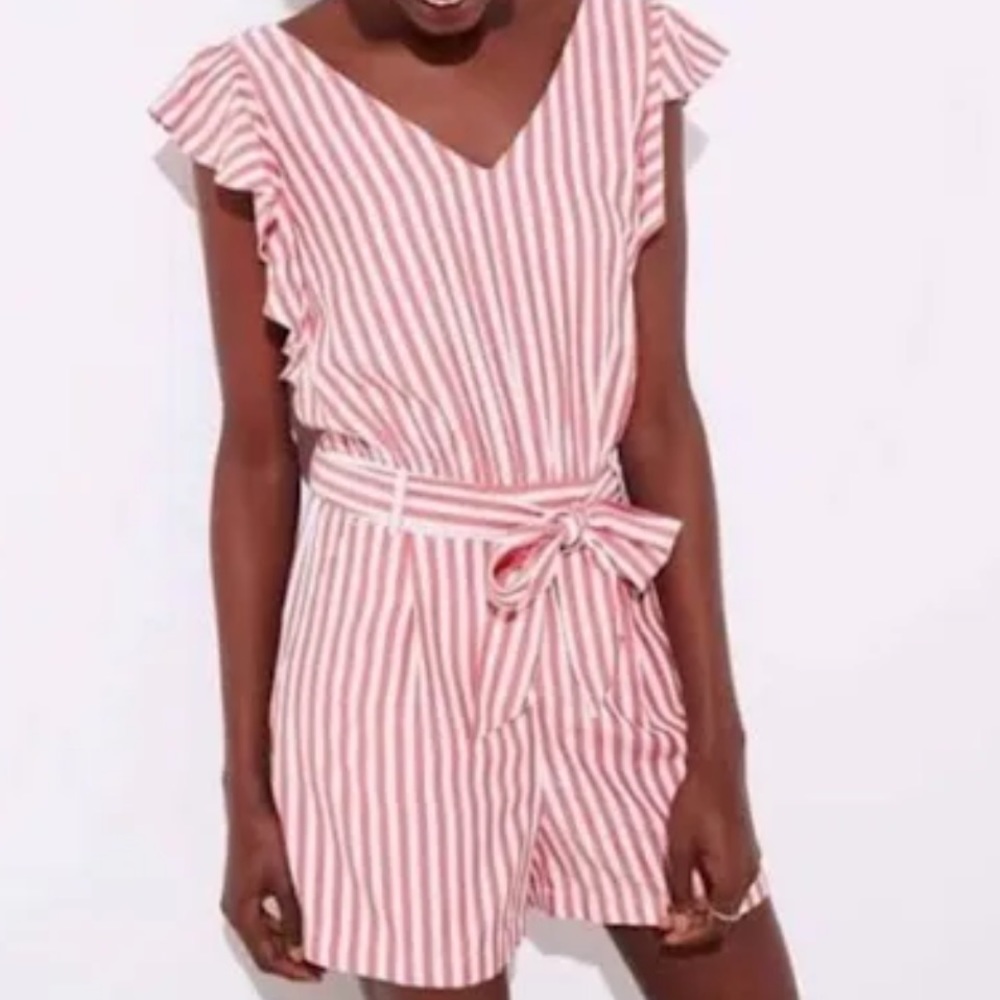 NWT Loft romper Coral/White Striped Belted Romper Size 5 NEW